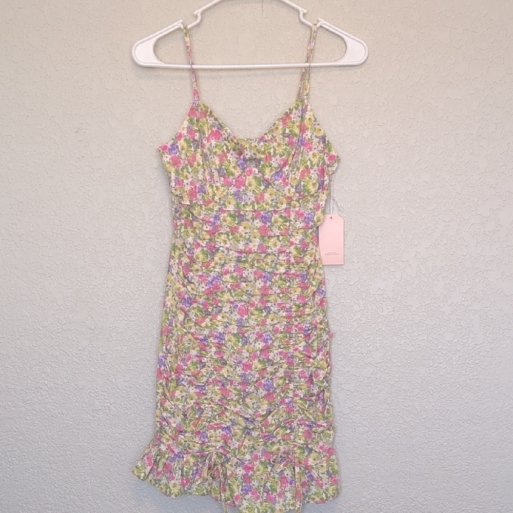 Blashe multicolored floral sleeveless ruched bodycon mini dress
